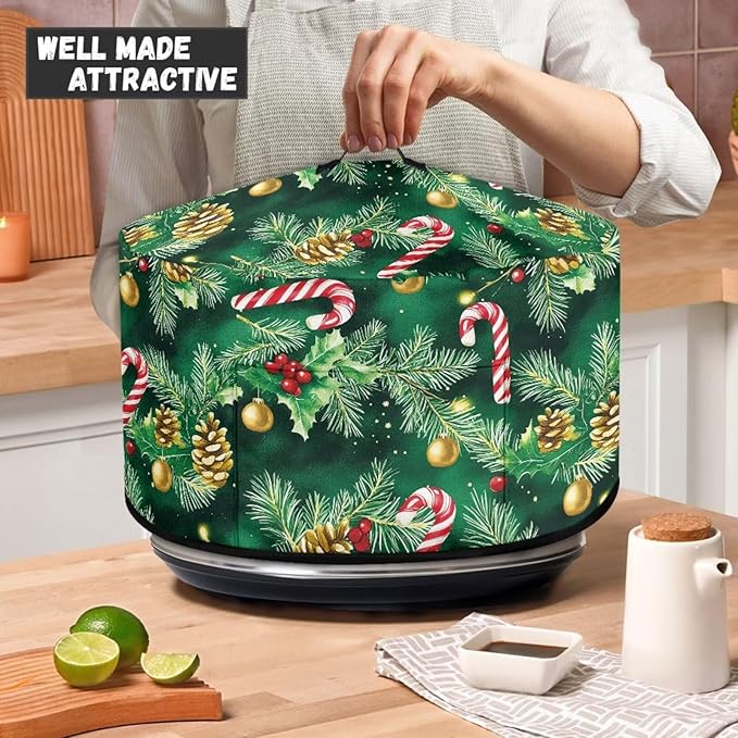 Holly Candy Cane Pinecone Print Slow Cooker Cover with Storage Pocket Stain Resistant Slow Cooker Cover for Kitchen Christmas Decor Extra Accessories Fit 6/7/8 Quart Electric Oval Crock Pot