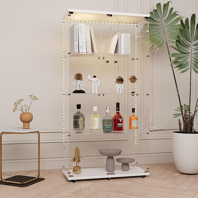 Glass Display Cabinet with LED Light Strip, 4 Shelves with 2 Doors, Curio Storage Cabinets with Lock & Caster for Living Room, Office, Floor Standing Glass Bookshelf, Quick Installation - White