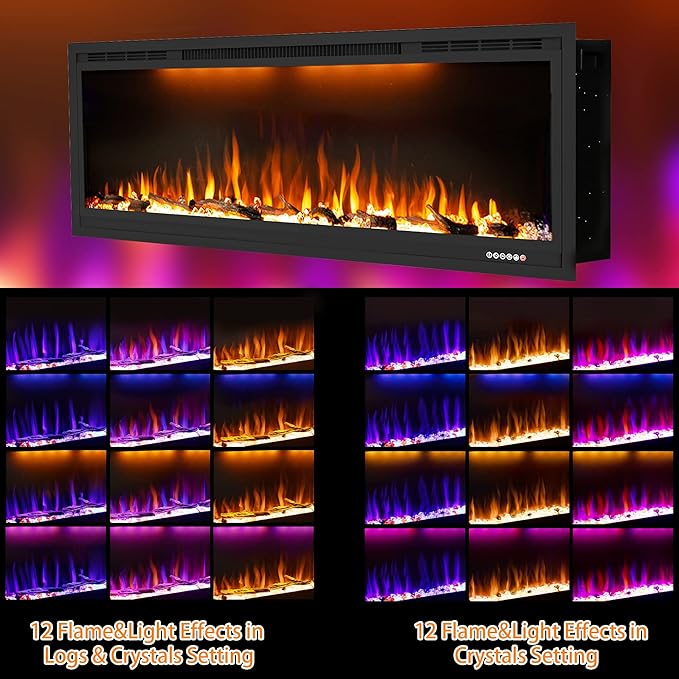 Electric Fireplace 42 inch, Recessed Wall Mounted Fireplace Heater, Linear in-Wall Fireplace, Logs & Crystal Options, 750/1500W, Black (42")