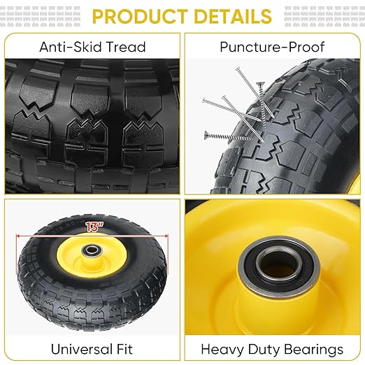 TICONN 4.00-6 Tire and Wheel Flat Free, 2 Pack 13" Solid Tires with 5/8" Axle Bore Hole and Double Sealed Bearings, Perfect for Wheelbarrow, Garden Cart, Wagon, Dolly (Yellow, 2PK)