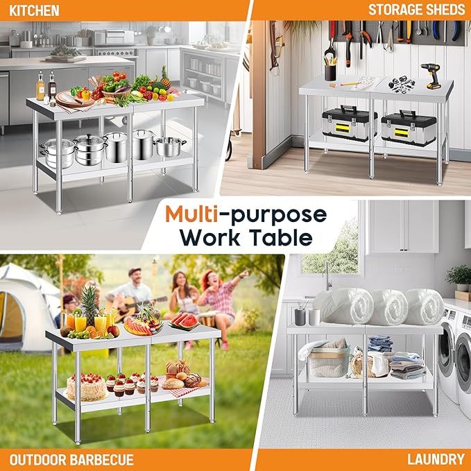 Jocisland 30" x 60" Stainless Steel Table for Prep & Work Adjustable Under Shelf and Feet, for Commercial Kitchen, Restaurant, Hotel and Garage