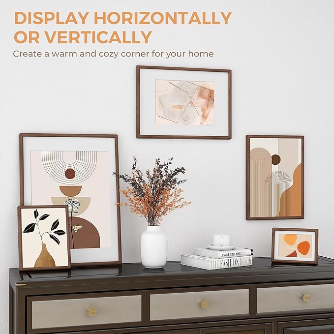8.5x11 Walnut Picture Frame with Tempered Glass, Solid Walnut Wood Photo Frame with Mat for 6x8, 8.5 by 11 Picture Frame for Diploma, Natural Wooden Picture Frame for Home Decor Wall Mount or Table
