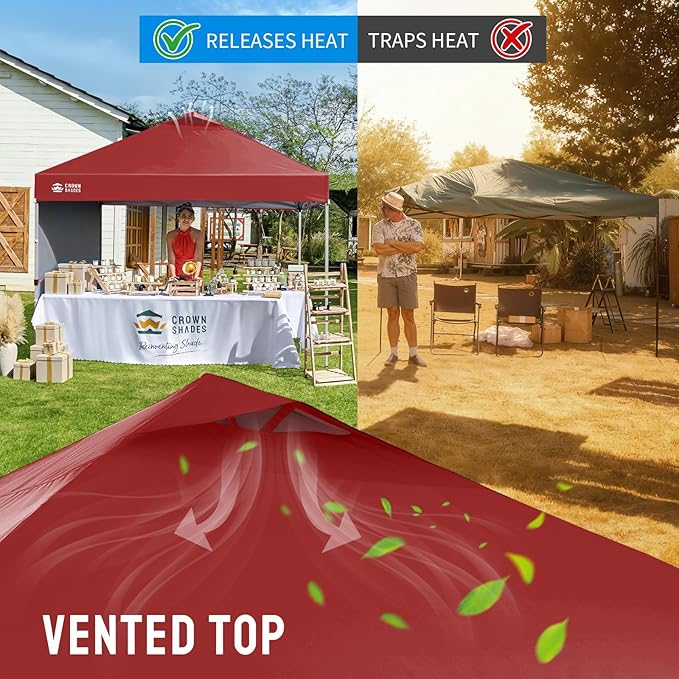CROWN SHADES 10x10 Pop Up Canopy with 1 Side Wall - Beach Tent with One Push Setup - Outdoor Sun Shade for Events, Parties, Camping - Gazebo with STO-N-Go Cover Bag (Red)