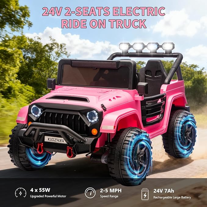 Kids 24V 2-Seater Electric Ride On Car, 4x4 Ride On Truck w/Remote Control, 4-Wheeler Suspension, 3 Speeds, Led Lights, Bluetooth, Ride on Car Toy for Kids Ages 3-8, Pink