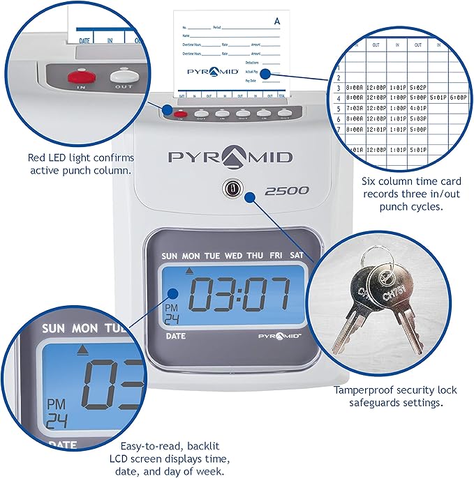 Pyramid Time Systems - 2500 Auto-Aligning Employee Time Clock Timekeeping Bundle [2500K1] for Small Business, Punch Clock System with 100 Time Cards, 2 Ribbon Cartridges, 10-Slot Rack & Security Keys