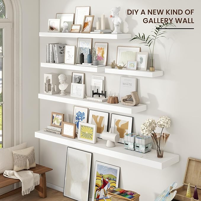 Floating Shelves for Wall 55"W x 10"D x 1.5"H, Long Engineered Wood Wall Shelves with Invisible Brackets for Living Room Bedroom Bathroom Office Kitchen Decor and Storage, White Finish, Set of 1