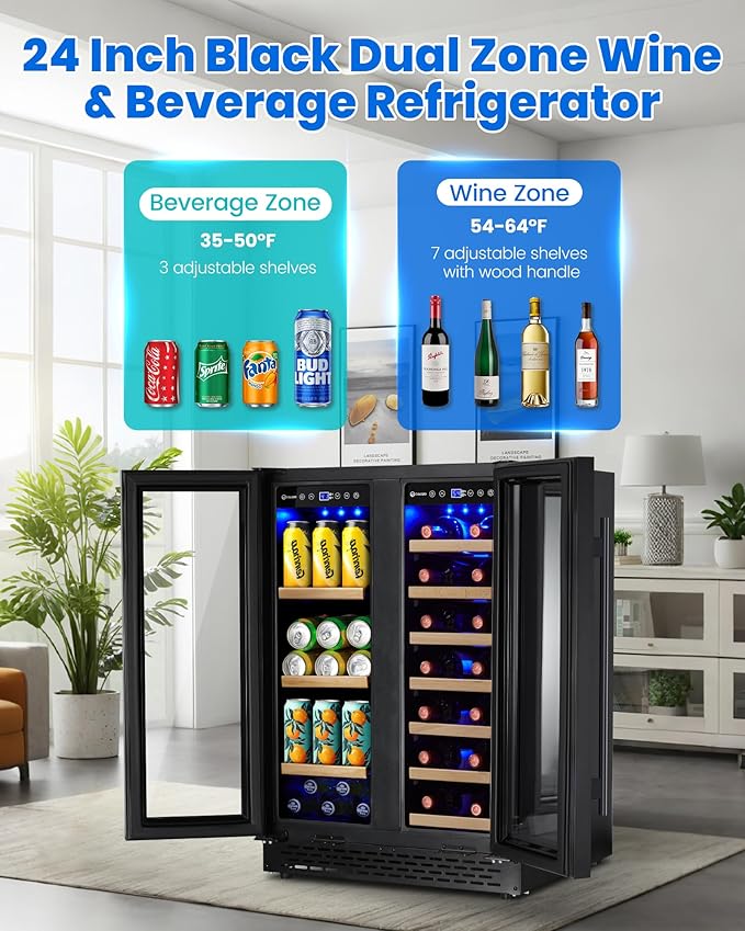24 Inch Wine and Beverage Refrigerator Under Counter, Dual Zone Black Beverage Fridge with Glass Door&Lock,20 Bottles & 88 Cans Wine and Beverage Cooler, Freestanding Mini Fridge for Bedroom Home