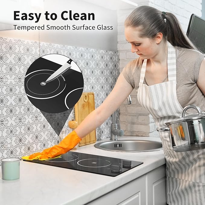 Electric Cooktop,110V 2100W Stove top,Countertop and Built-in 2 burner cooktop,9-speed power, child safety lock, timer, knob and touch control 2 burner Electric cooktop