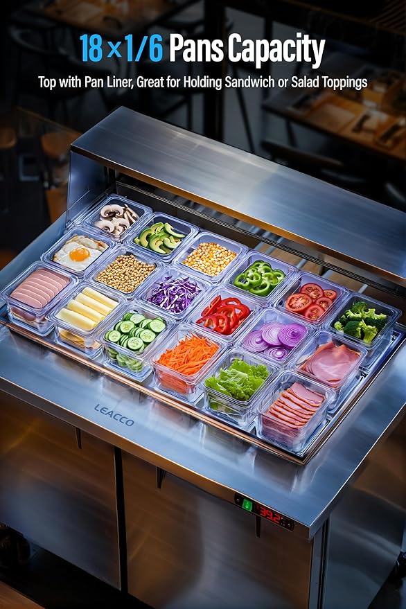 Leacco Refrigerated Sandwich Salad Prep Table, Commercial Workstation Refrigerators with 18 Pans, 48"