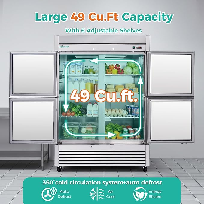 COOLCHEF 54" Commercial Refrigerator 49 Cu.Ft, Stainless Steel 4-Door Reach-in Fridge, 33–40℉, Air Cooling, LED Light, 6 Shelves, R290, ETL