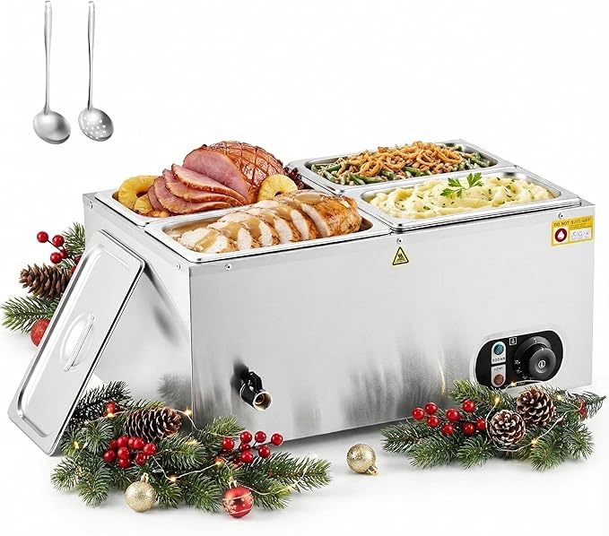 WILPREP Commercial Food Warmer with Four 1/4 Pans, 1500W Countertop Electric Steam Table, 86-185°F Adjustable Temp Control & Over-Temp Protection, Stainless Steel Buffet Bain Marie