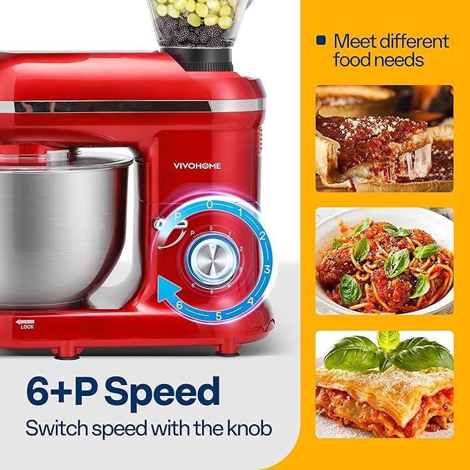 VIVOHOME 3-in-1 Stand Mixer, 6 Quart Electric Tilt-Head Kitchen Mixer with Bowl, Multifunctional Food Mixer with Meat Grinder and Blender Attachments, Dough Hook, Beater, and Whisk, Red