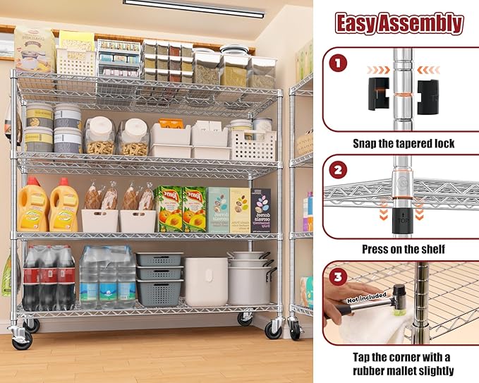 PrimeZone 4 Tier 55.5" Wx24 Dx76 H Wire Shelving with Wheels 2400lbs NSF Certified Storage Shelves Heavy Duty Metal Shelf Adjustable Rolling Rack Commercial Garage Restaurant Warehouse Chrome 3Pack