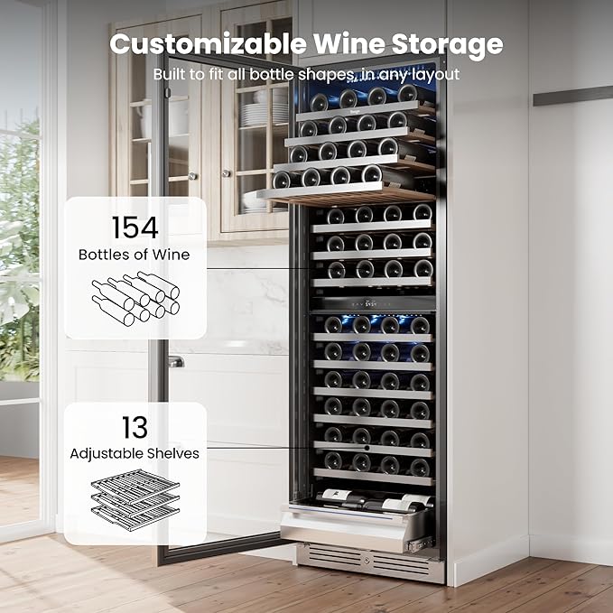 Yeego 24 Inch Wine Fridge Cooler - 154 Bottles Dual Zone Wine Cooler with Glass Door, 40-65℉ Built-In or Freestanding Wine Refrigerator with Lock and 2 Color LED for Kitchen Bar Office (Left-Hinged)