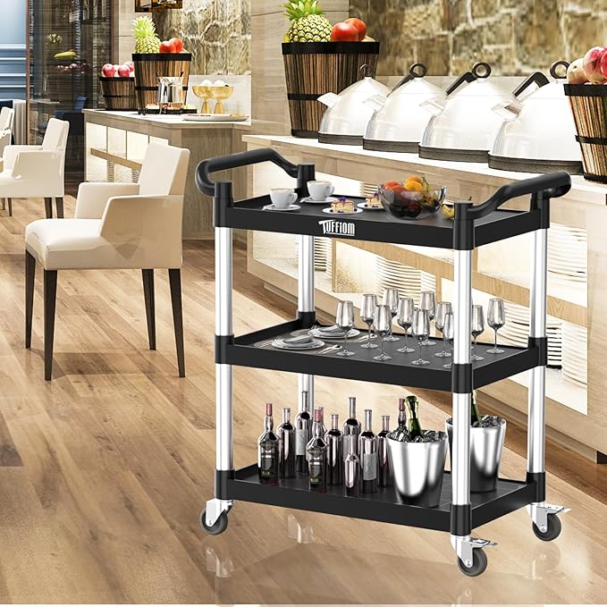 3-Tier Commercial Utility Cart with Wheels, Heavy Duty Rolling Plastic Service Cart, 390 lbs Capacity for Foodservice, Restaurant, Cleaning, Workplace (33.8'' x 16.5'' x 35.8'')