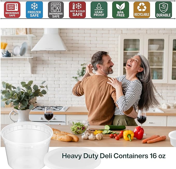 16oz [24 set] Heavy Duty Plastic Deli Container | BPA-Free Food Storage with Airtight Leak‑Proof Lids | Microwave, Freezer & Dishwasher Safe – Stackable, Bulk Reusable Soup & Meal Prep Tub
