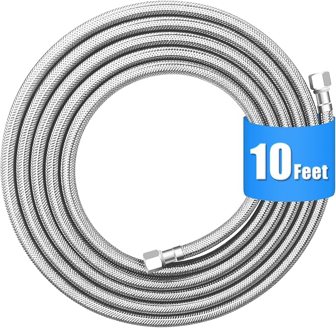 Refrigerator water line - 10 FT Premium Stainless Steel Braided Ice Maker Water Hose,Food grade PEX Inner Tube Fridge Water Line with 1/4" Fittings for Refrigerator Ice Maker