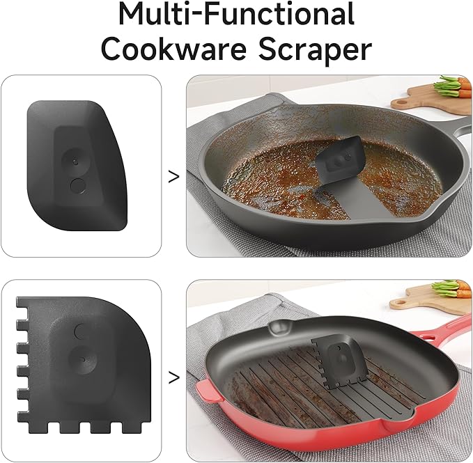 SUBEKYU Cast Iron Scrubber with Silicone Handle, Stainless Steel Skillet Cleaner for Cast Iron Pans (Gray Scrubber + Scraper)