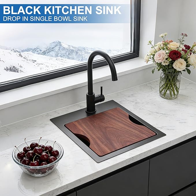 Scamall 13x15x9 Drop In Kitchen Sink Workstation, Nano Black 304 Stainless Steel Deep Single Bowl with Quick Drainage & Tarnish-Free Surface for Bar, Laundry, RV, Includes Accessories