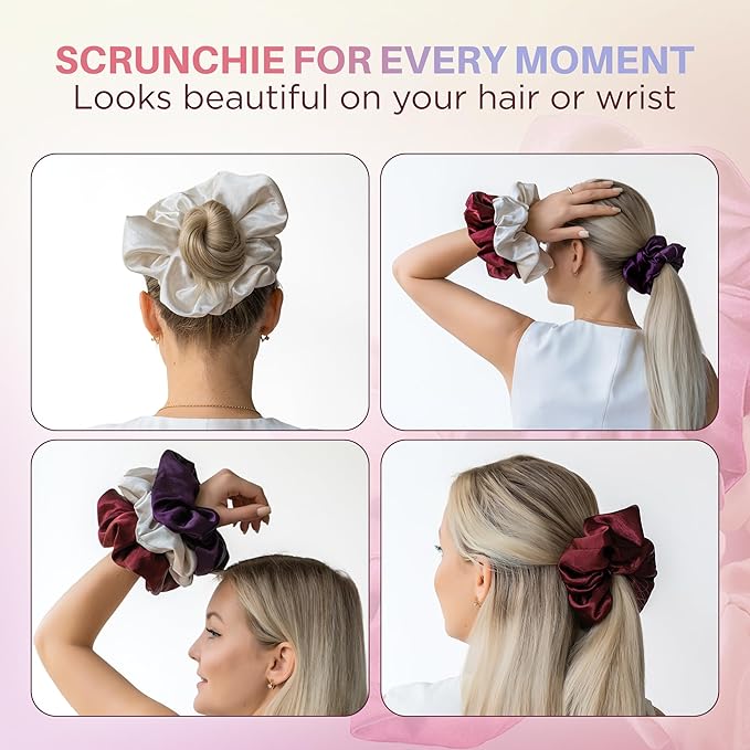 3-Pack Oversized Pearlized Satin Scrunchies for Women - Shimmer Large Scrunchies, Ivory, Purple, Burgundy