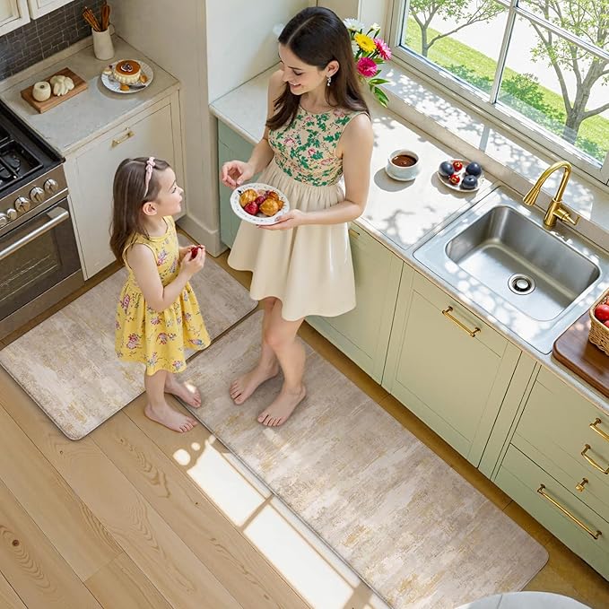 Collive Kitchen Mats Cushioned Anti Fatigue, Abstract Kitchens Floor Mat Non Slip Desk Rugs Waterproof, Beige Memory Foam Comfort Standing Rug for Sink, Home Decor, 17"x59"+17"x29"