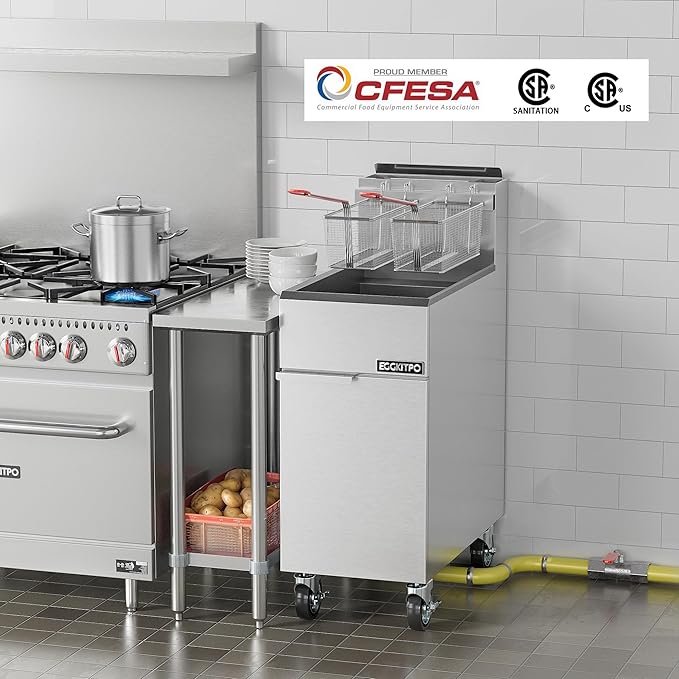 EGGKITPO Commercial Natural Gas Fryer 90,000 BTU Stainless Steel Floor Fryer with 40lbs Oil Capacity CSA Certified Deep Fryer with 2 Baskets and 3 Heating Tubes for Restaurants Food Truck Use