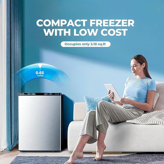 2.1 Cu.ft Small Freezer, Mini Upright Freezer with 7 Adjustable Thermostat, Removable Shelves, Reversible Single Door, for Bedroom/Home/Dorms/Apartment (Silver)