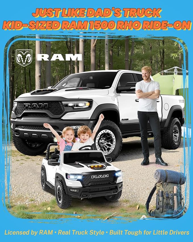 ENYOPRO 24V 2 Seater Ride on Car for Kids, Licensed RAM 1500 RHO Ride on Truck w/Remote Control, Toddlers Electric Car w/LED Lights, Bluetooth, Soft Start, 4-Wheel Suspension, Rear Cargo Bed (White)