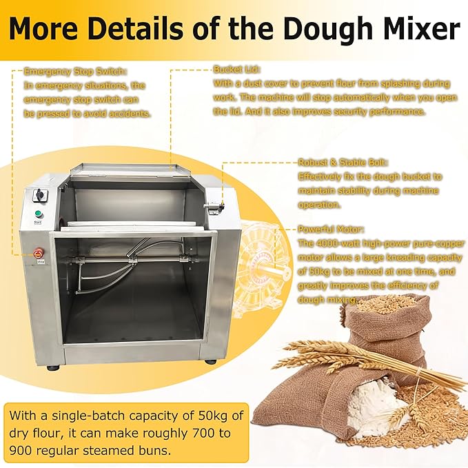 75L Commercial Dough Mixer Stainless Steel Electric Flour Mixing Machine 220V 4KW, Heavy Duty Large Capacity Dough Spiral Kneading Machine with 90 Degree Tilt Bucket for Restaurant Canteen
