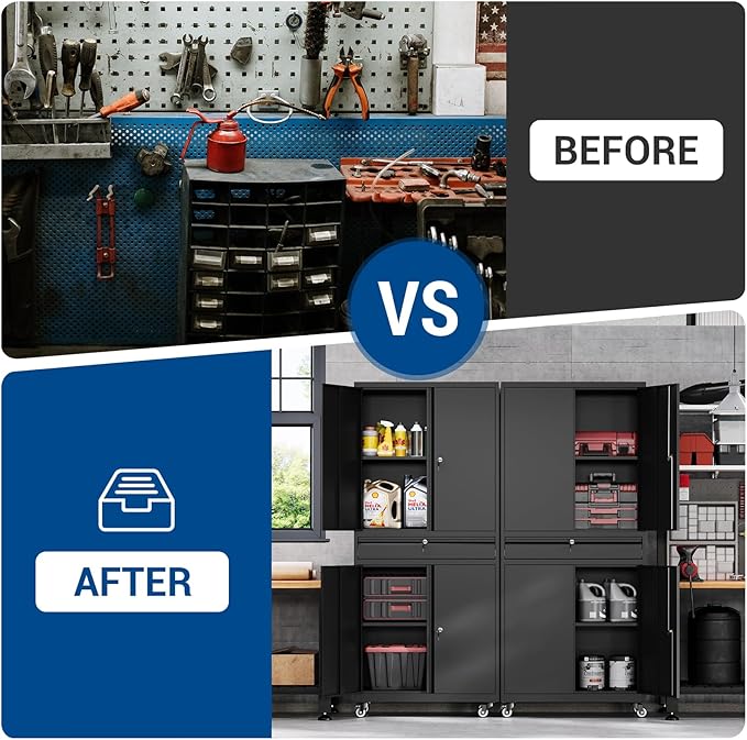 73" Metal Cabinet-Black Heavy Duty Rolling Storage Cabinet Steel Tool Cabinets with Wheels, Shelves, Lockable Doors and Drawers- for Garage, Pantry, Warehouse Home Office- Assembly Required