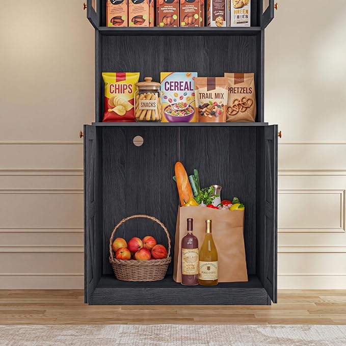 Vyre 71" Farmhouse Kitchen Pantry Cabinet Set of 3, Black Freestanding Coffee Bar Hutch with Glass Doors & Adjustable Shelves, Large Storage Cabinet with Microwave Stand for Living Room & Kitchen