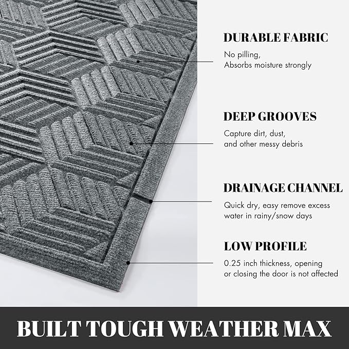 Yimobra Large Door Mat 36x24, All-Season Waterproof Outdoor Mats for Front Door Entrance with Drainage Holes, Heavy Duty Non-Slip Doormat for Garage Patio Entryway Indoor, Black Gray