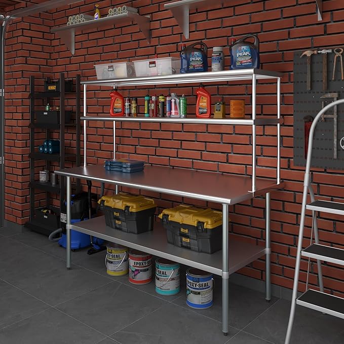 Amgood Stainless Steel Work Table Double Tier Overshelf | 30" x 72" Work Table + 18" Overshelf