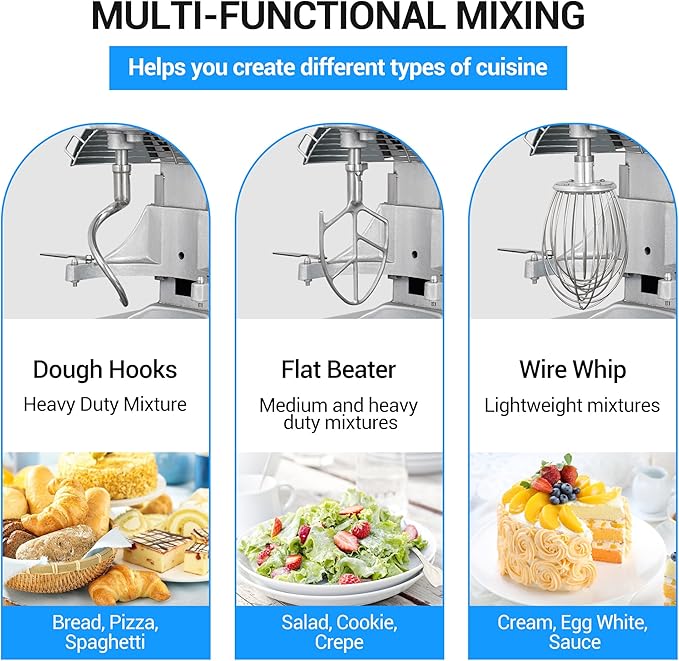 Commercial Mixer 15 QT by LEEVOT – Electric Food Mixers with Timing Function, Heavy Duty 3-Speed Dough Mixer for Baking, Pizza Dough, Bakery, Restaurant & Home Kitchen