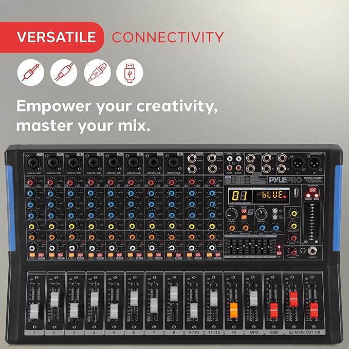 PYLE 12-Channel Bluetooth Studio Audio Mixer - DJ Sound Controller Interface with USB Drive for PC Recording Input, RCA, XLR Microphone Jack, 48V Power, For Professional and Beginners - PMXU128BT