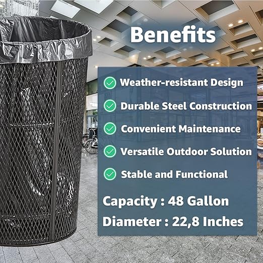 48 Gallon Mesh Black Trash Can, Steel Outdoor Heavy-Duty Commercial Waste Bin, Round Recycle Container, Durable Garbage Can for Parks, Municipalities, Schools, Parking