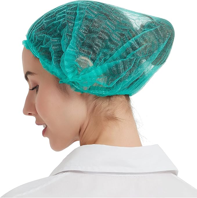 ProtectX 100-Pack Green Disposable Hair Nets, Elastic Head Cover, Bouffant Caps, Sanitation Head Cover for Food Service, Spa Men & Women - 21 inch