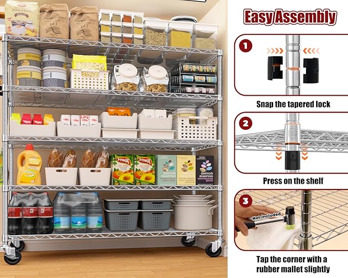 PrimeZone 5 Tier 48" Wx24''Dx81''H Wire Shelving with Wheels 3000lbs NSF Storage Shelves Heavy Duty Metal Shelf Adjustable Rolling Rack Commercial Garage Restaurant Warehouse Kitchen Chrome 6Pack