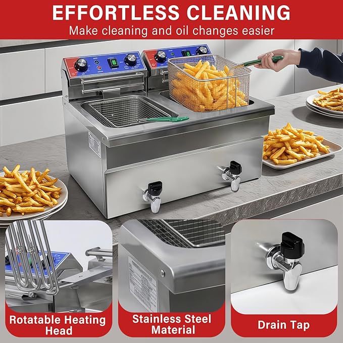 Commercial Deep Fryer, 2 x 15.3Qt Dual Tank Electric Countertop Deep Fryers with Drain, 3800W Large Capacity Stainless Steel Oil Fryer with Baskets and Time&Temp Control for Restaurant Use