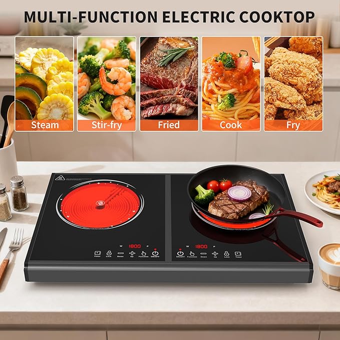 VBGK Electric Cooktop, 110V 3600w Stove top, 20 inch Countertop with 9 Power Levels, LED touch control Overheat Protection, Child Safety Lock & Timer, touch control 2 burer Electric cooktop