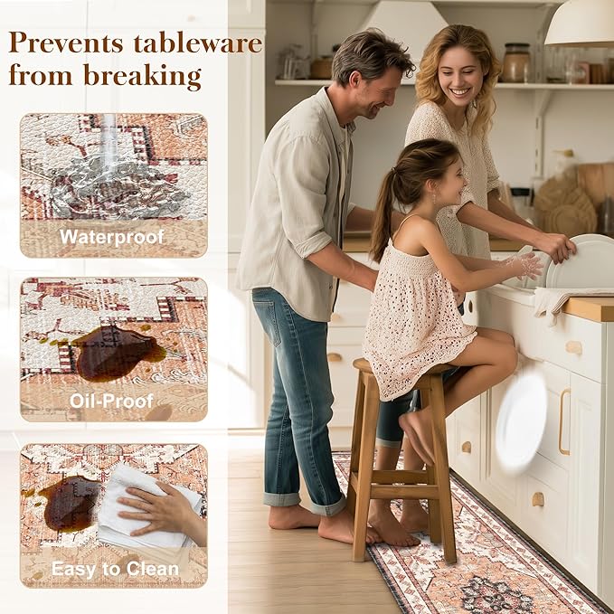 Boho Kitchen Mats for Floor 2 Piece Set Anti Fatigue Cushioned PVC Kitchen Rugs Non Slip Waterproof Farmhouse Mats 2/5 Inch Comfort Standing Mat for Sink, Laundry, Office, 17.3"x59"+17.3"x28", Orange