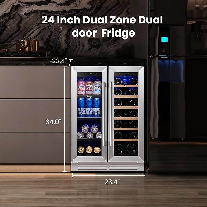 Yeego 24 Inch Wine and Beverage Cooler - 36-72°F, Holds 60 Cans & 20 Bottles Adjustable Shelves Beverage Fridge, Stainless Steel with glass Door for Built-in for Kitchen/Bar