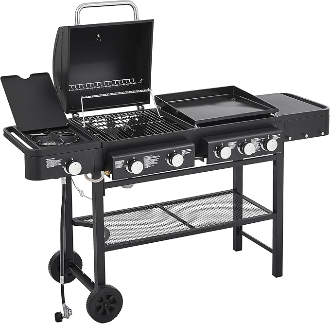 All-in-One Propane Gas Grill with Griddle, 5 Burner 56000 BTU BBQ Grill & Griddle Combo, 751 Sq.Inch Cooking Space, Side Burner & Storage Shelves for Backyard, Patio, Outdoor Cooking