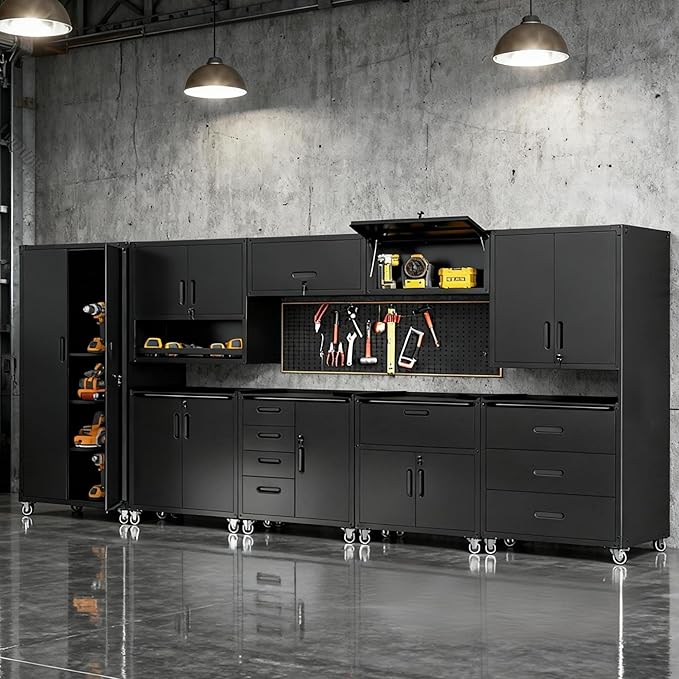 Metal Tool Cabinet,Garage Storage Cabinet System,Wall Cabinet & Locking Rolling Tool Cabinet with Doors and Adjustable Shelves,Steel Tool Cabinets for Home (10 Pcs-StyleA, Black)