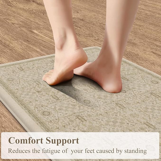 KIMODE Kitchen Mats for Floor Cushioned Anti Fatigue,Boho Farmhouse Kitchen Rugs Sets of 2,Cushioned Floor Mats Non Slip,Memory Foam Kitchen Mat for Laundry Sink Office Home,Khaki