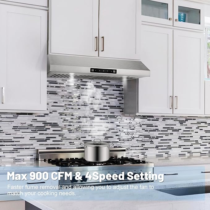 Range Hood 30 Inch Under Cabinet with 600CFM, Gesture Sensing & Touch Control Kitchen Vent Hood of Ductless/Ducted Vent with Stainless Steel Filters