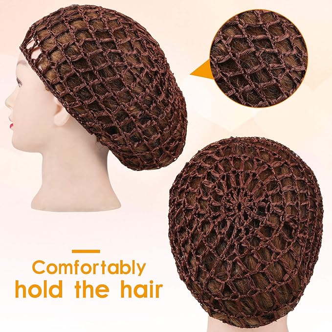 Geyoga 4 Pieces Mesh Crochet Hair Net Rayon Knit Snood Hat Thick Short Women Hairnet Snoods Cover Ornament for Sleeping (Black, Gray, Wine Red, Brown)