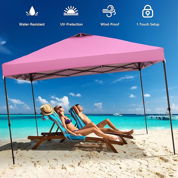 Saemoza 10x10 Pop Up Canopy Tent with One Push Setup, Portable Sun Shade Tent, Instant Easy Up Canopy with 4-Sidewalls & Handbag, Outdoor Fldable Gazebo with Vent Top, Pink.