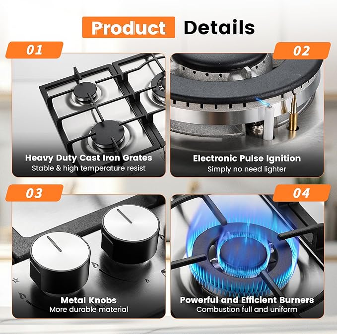 30 inch Gas Cooktop, Stove Top with Built-in 5 Burners, 304Stainless Steel Bulit-in Kitchen Stove, NG/LPG Convertible Gas Stovetop with Thermocouple Protection