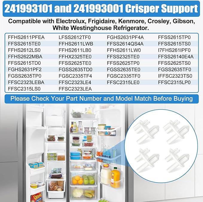 [4 PACK] UPGRADED 241993101 Crisper Cover Support (Front) & 241993001 Crisper Support (Rear) Compatible with Frigidaire Crisper Support Replacement FGHS2631PF4A FFSS2615TS0 LFSS2612TF0 FFHS2611PFEA